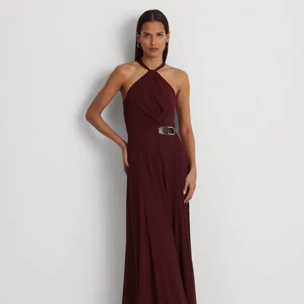 NWT Ralph Lauren Buckle Trim Georgette Halter Gown - Picture 3 of 11
